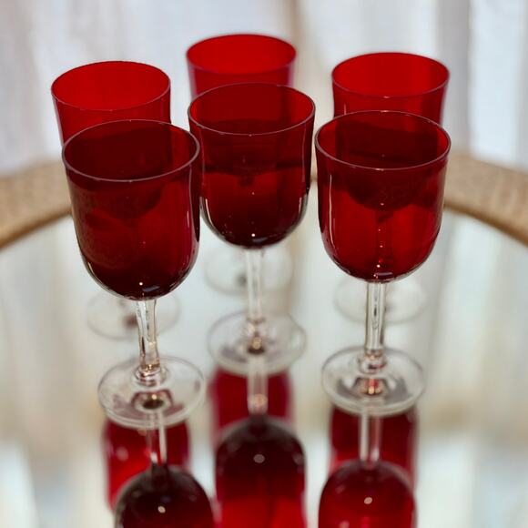Vintage Ruby Red Goblets – Set of 6 – Mid-Century Glassware with Clear Stems - Picture 2 of 4